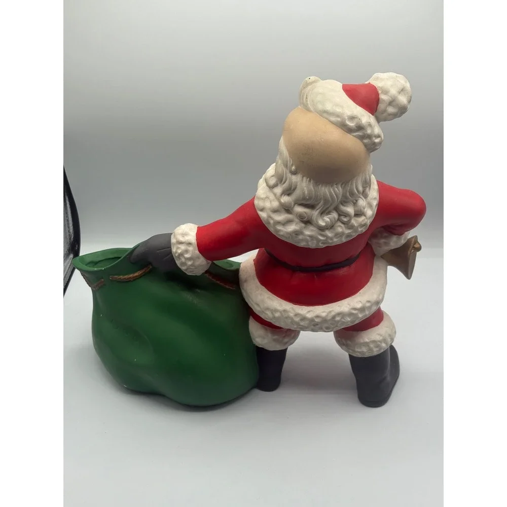 Vintage Ceramic Santa Claus Planter Figurine with Green Toy‎ Bag Candy Dish Red